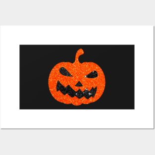 Bright Orange Faux Glitter Halloween Pumpkin Face Posters and Art